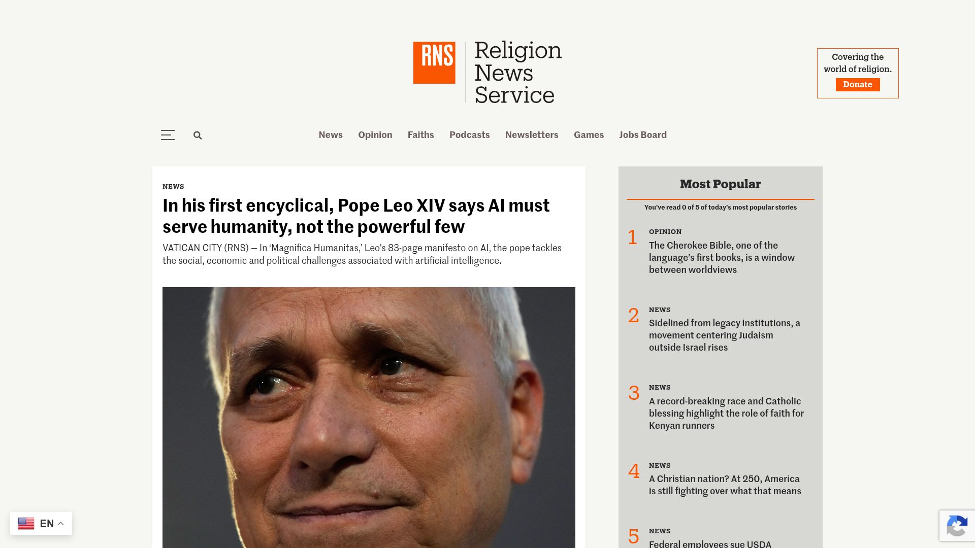 Screenshot of religionnews.com: Pope Leo XIV says AI must serve humanity, not the powerful few