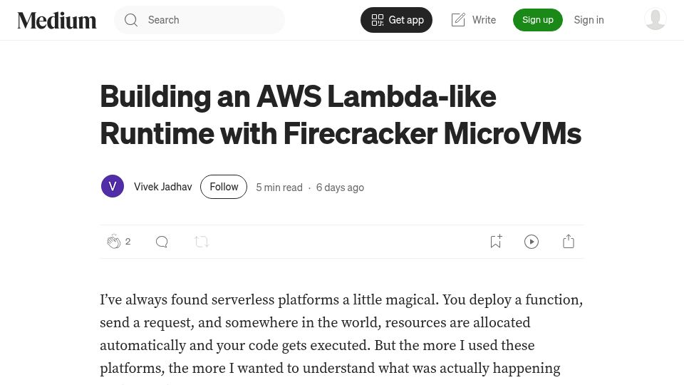 Screenshot of medium.com: Building an AWS Lambda-Like Runtime with Firecracker MicroVMs