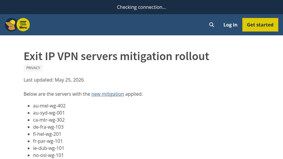 Screenshot of mullvad.net: Exit IP VPN servers mitigation rollout