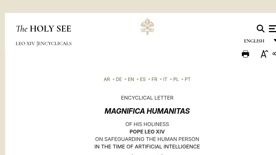 Screenshot of vatican.va: Magnifica Humanitas