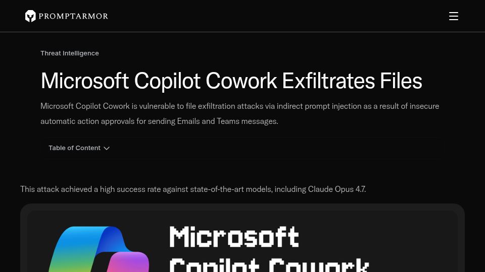 Screenshot of promptarmor.com: Microsoft Copilot Cowork Exfiltrates Files
