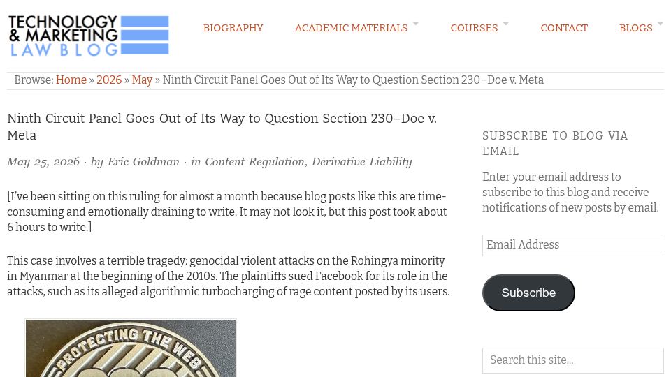 Screenshot of blog.ericgoldman.org: Ninth Circuit Panel Goes Out of Its Way to Question Section 230–DOE vs. Meta