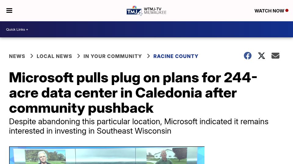 Screenshot of tmj4.com: Microsoft pulls plug on plans for 244-acre data center in Caledonia (2025)