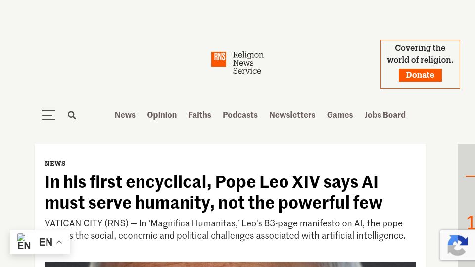 Screenshot of religionnews.com: Pope Leo XIV says AI must serve humanity, not the powerful few