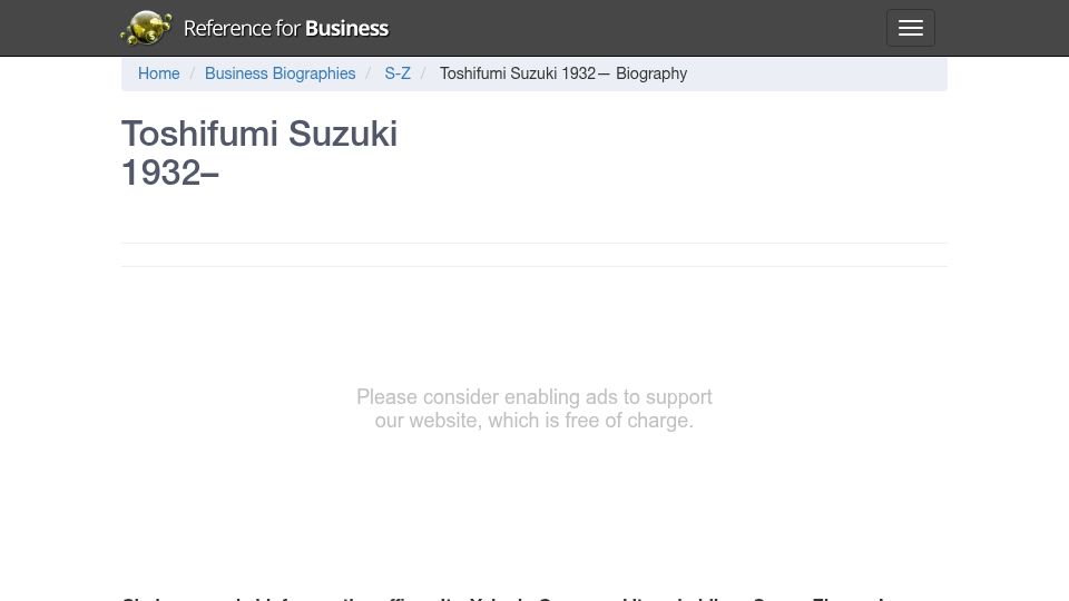 Screenshot of referenceforbusiness.com: Toshifumi Suzuki, founder of Seven-Eleven Japan, has died