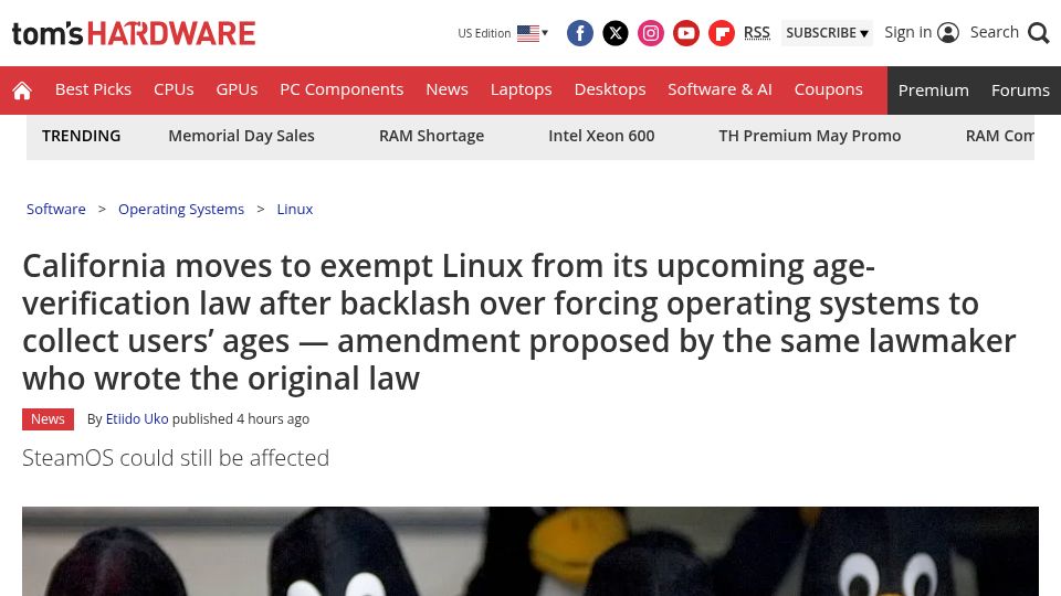 Screenshot of tomshardware.com: California moves to exempt Linux from its age-verification law after backlash