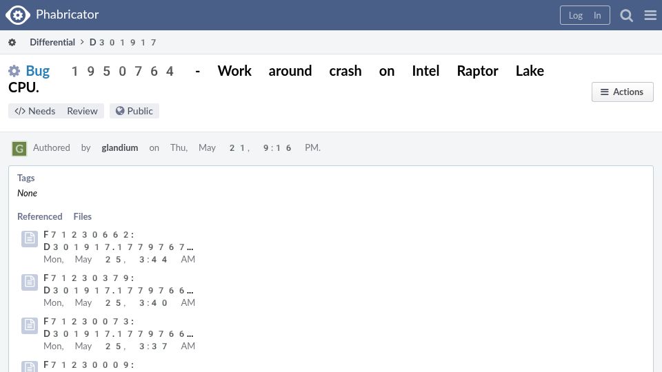 Screenshot of phabricator.services.mozilla.com: Bug 1950764: Work Around Crash on Intel Raptor Lake CPU