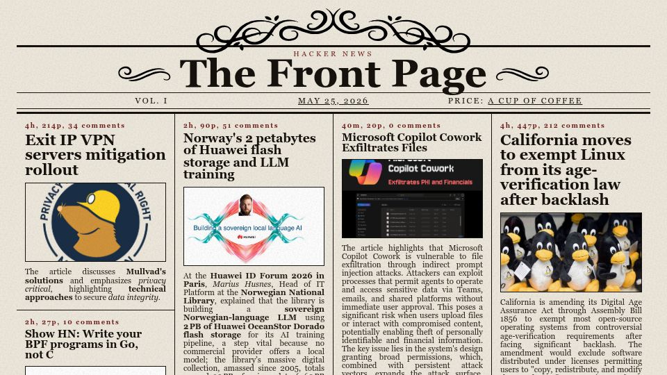 Screenshot of thefrontpage.dev: Hacker News front page as a site