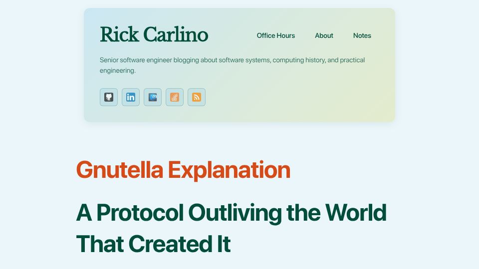 Screenshot of rickcarlino.com: Gnutella: A Protocol Outliving the World That Created It