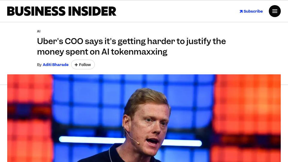 Screenshot of businessinsider.com: Uber’s COO says it’s getting harder to justify money spent on tokenmaxxing