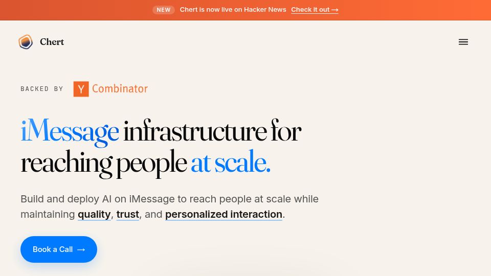 Screenshot of trychert.com: Launch HN: Chert (YC P26) – Twilio for iMessage