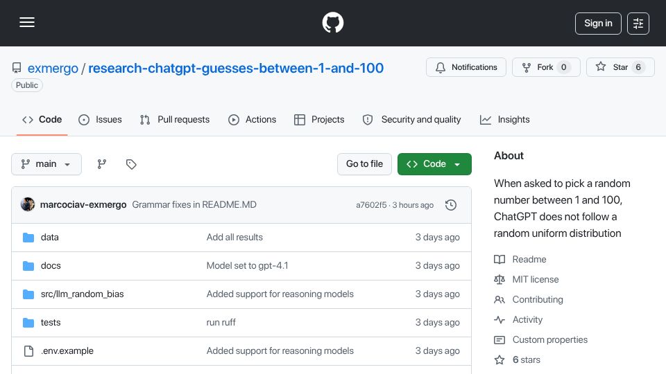 Screenshot of github.com: GPT Guesses Between 1 and 100