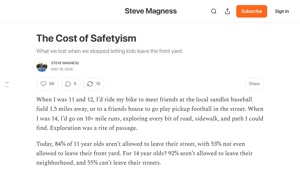 Screenshot of stevemagness.substack.com: What we lost when we stopped letting kids leave the front yard