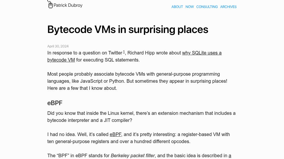 Screenshot of dubroy.com: Bytecode VMs in surprising places (2024)