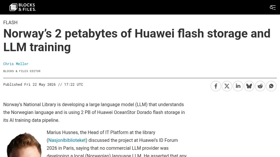 Screenshot of blocksandfiles.com: Norway's 2 petabytes of Huawei flash storage and LLM training