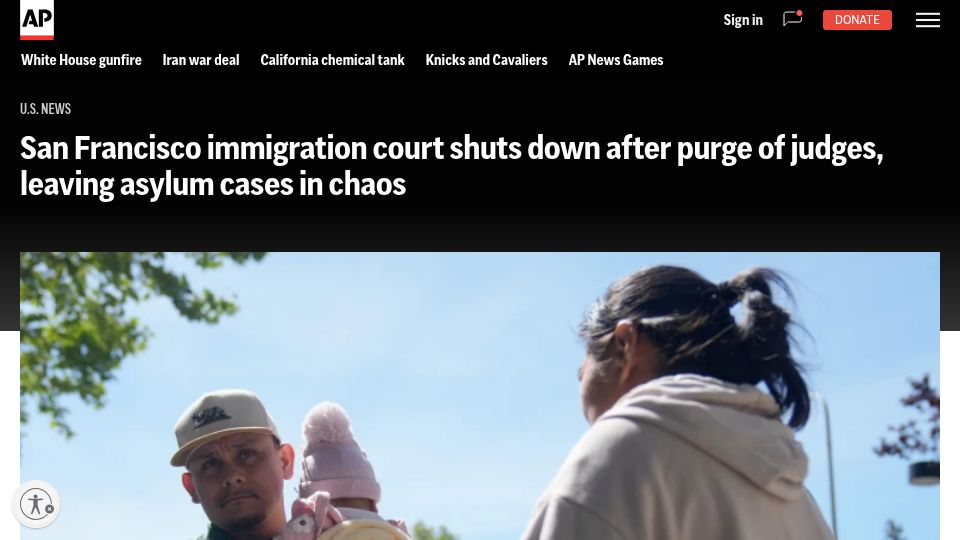 Screenshot of apnews.com: San Francisco immigration court shuts down after purge of judges