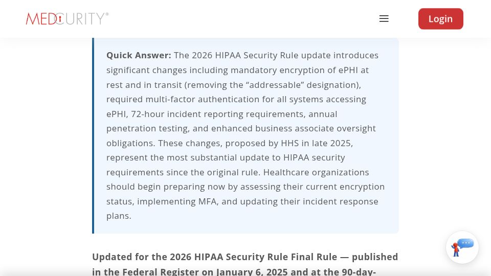 Screenshot of medcurity.com: 2026 HIPAA Security Rule Update