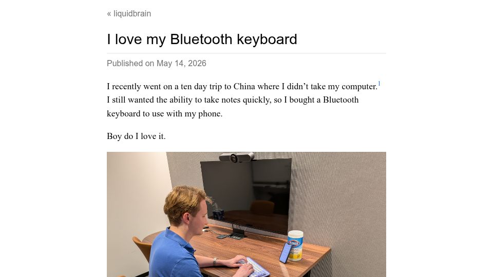 Screenshot of liquidbrain.net: I love my Bluetooth keyboard