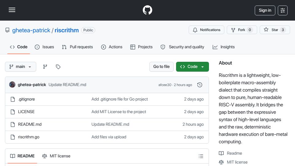 Screenshot of github.com: Riscrithm – An intuitive RISC-V assembler and optimizer coded in Go