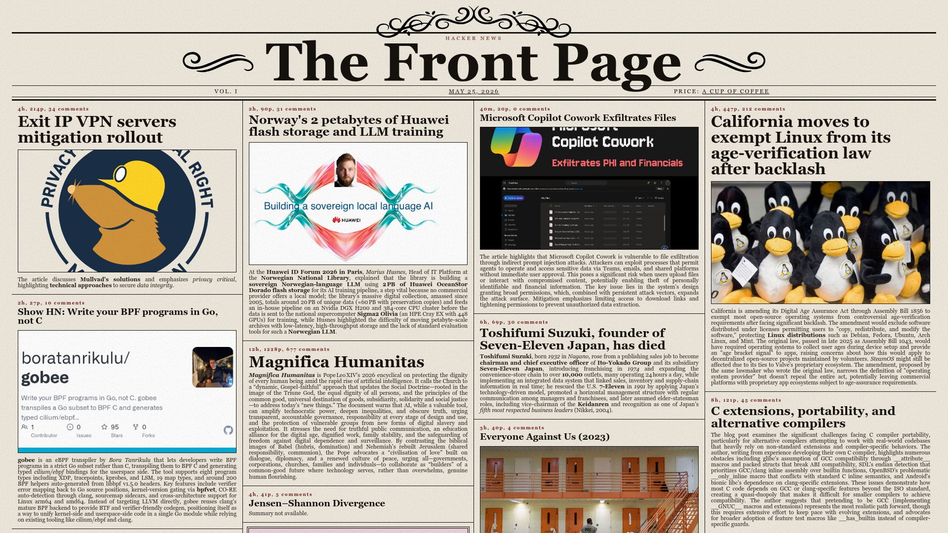 Screenshot of thefrontpage.dev: Hacker News front page as a site