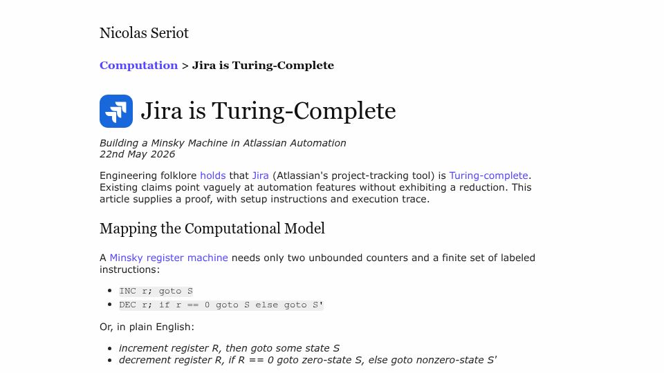 Screenshot of seriot.ch: Jira Is Turing-Complete