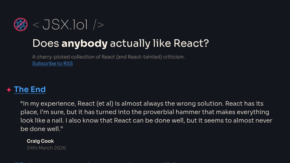 Screenshot of jsx.lol: Does anybody like React?