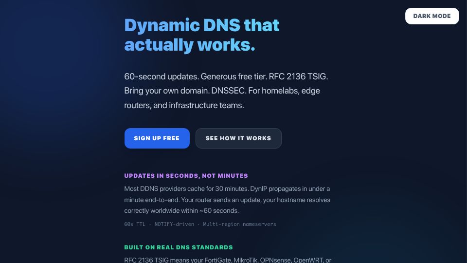 Screenshot of dynip.dev: DynIP – Dynamic DNS with RFC 2136, IPv6, DNSSEC, and BYOD