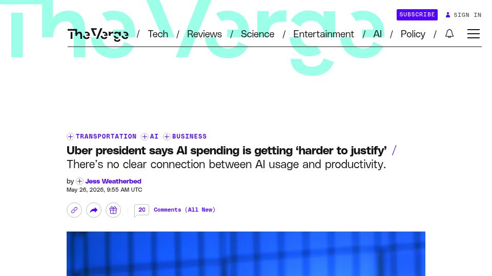 Screenshot of theverge.com: Uber president says AI spending is getting 'harder to justify'