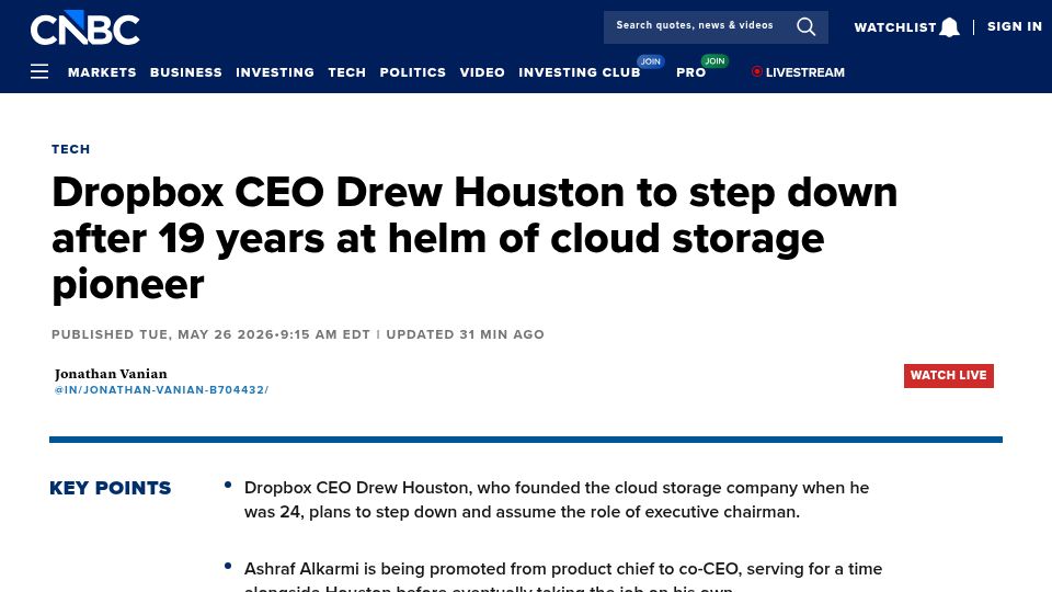 Screenshot of cnbc.com: Dropbox CEO Drew Houston to step down