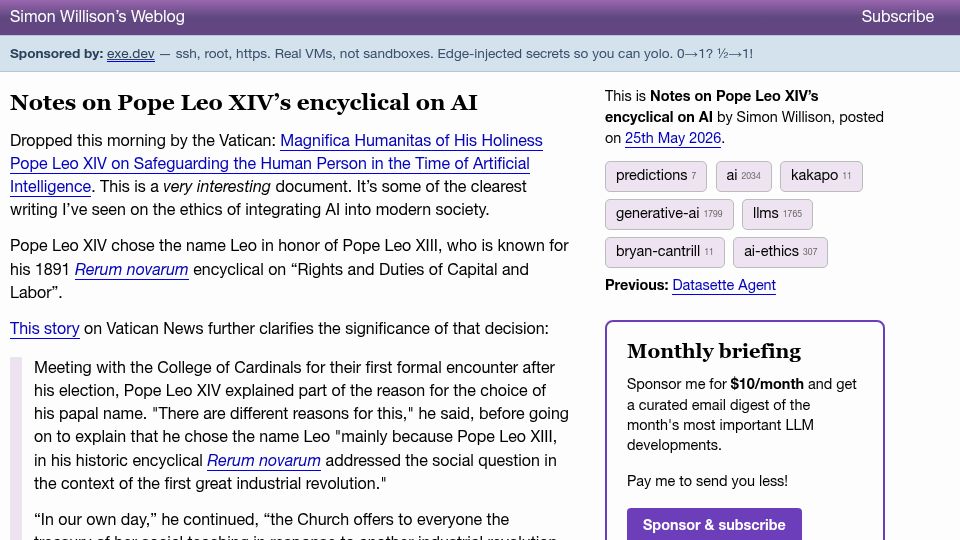 Screenshot of simonwillison.net: Notes on Pope Leo XIV's Encyclical on AI