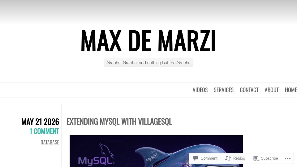Screenshot of maxdemarzi.com: Extending MySQL with VillageSQL
