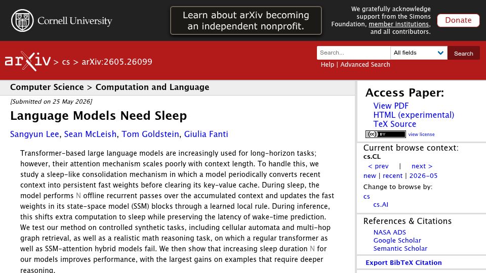 Screenshot of arxiv.org: A sleep-like consolidation mechanism for LLMs
