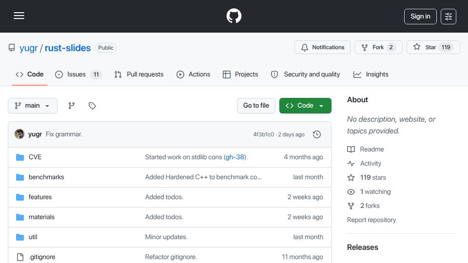 Screenshot of github.com: Performance of Rust Language [pdf]