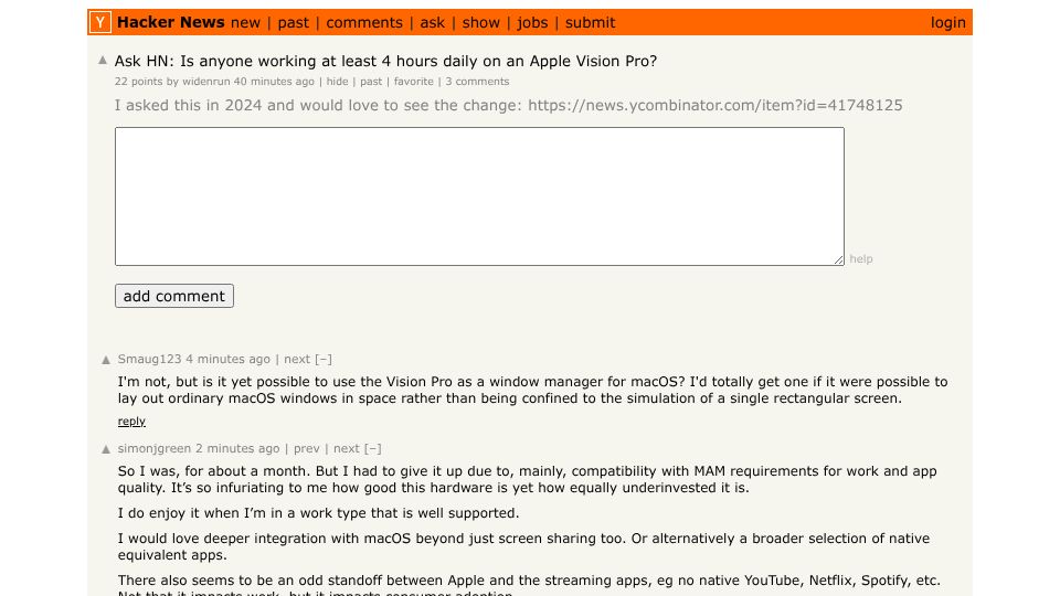 Screenshot of Hacker News post: Ask HN: Is anyone working at least 4 hours daily on an Apple Vision Pro?