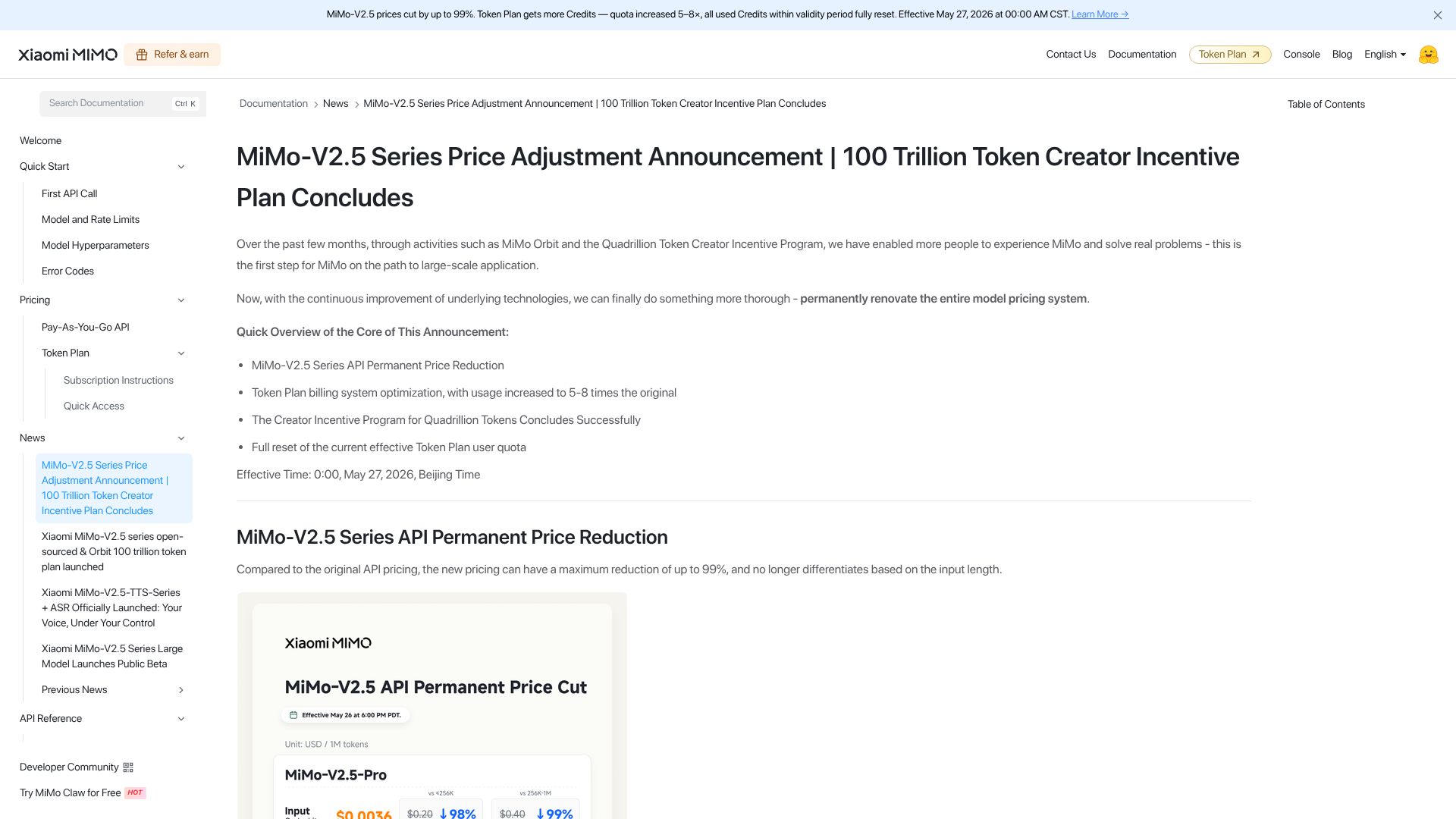Screenshot of platform.xiaomimimo.com: Xiaomi MiMo-v2.5 Series API Permanent Price Reduction Up to 99%