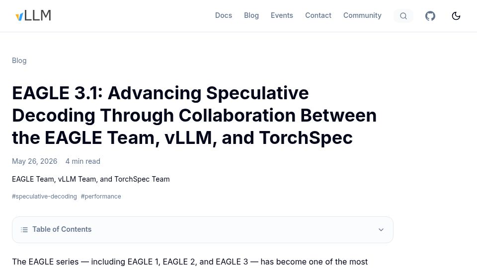 Screenshot of vllm.ai: Eagle 3.1: Collaboration Between the EAGLE Team, vLLM Team, and TorchSpec Team