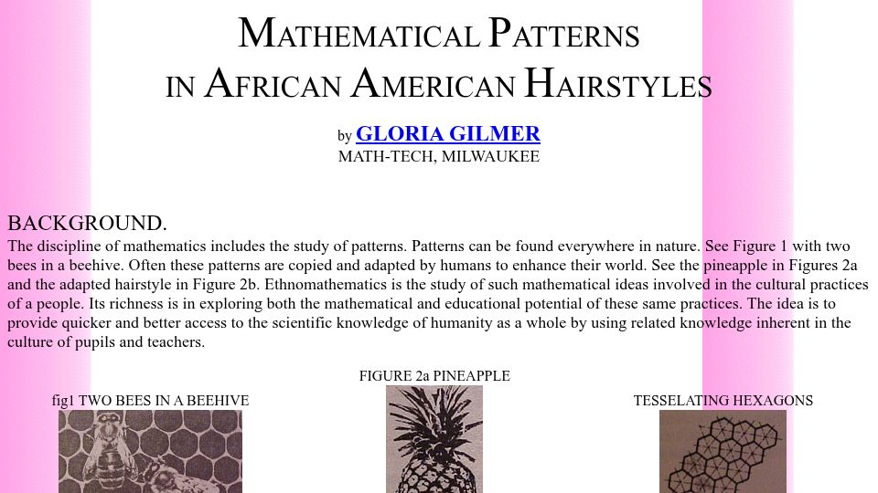 Screenshot of math.buffalo.edu: Mathematical Patterns in African American HAIRSTYLEs