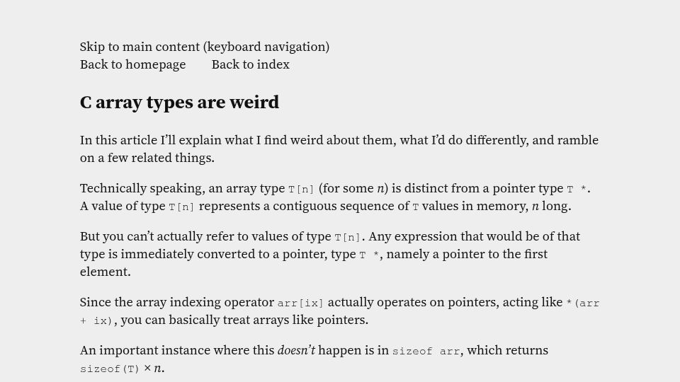 Screenshot of anselmschueler.com: C array types are weird