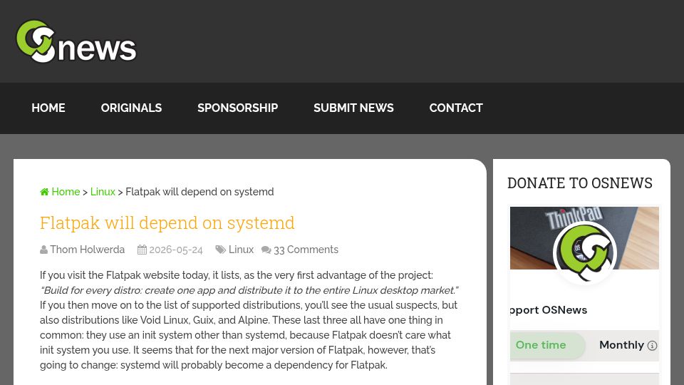 Screenshot of osnews.com: Flatpak Will Depend on Systemd