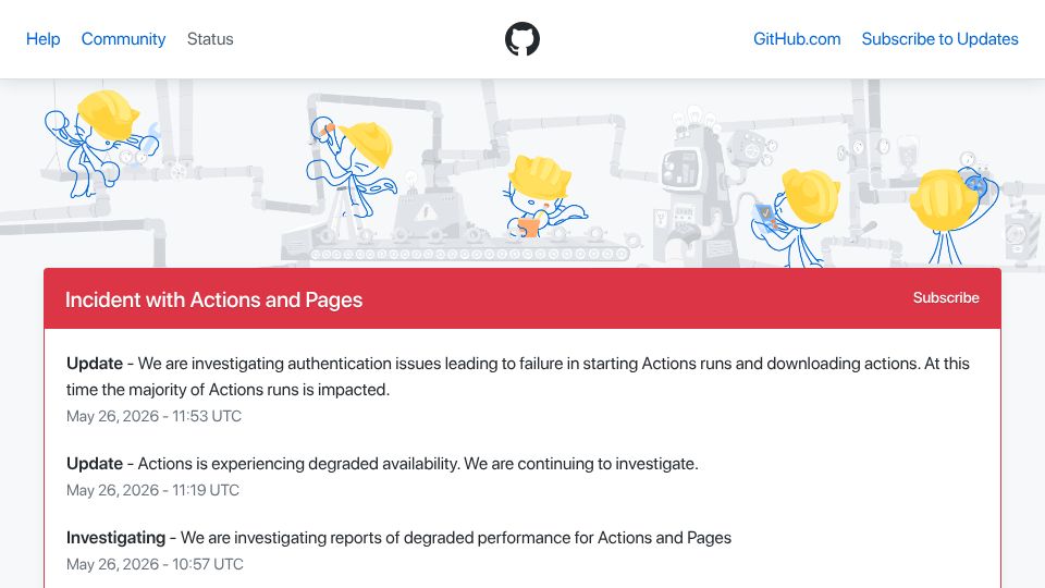 Screenshot of githubstatus.com: GitHub Actions down again today
