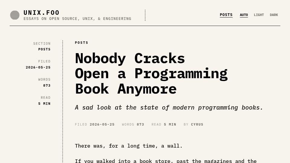 Screenshot of unix.foo: Nobody cracks open a programming book anymore