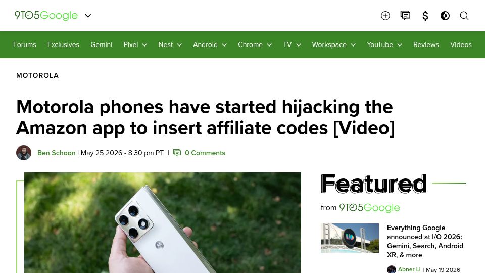 Screenshot of 9to5google.com: Motorola phones have started hijacking the Amazon app to insert affiliate codes