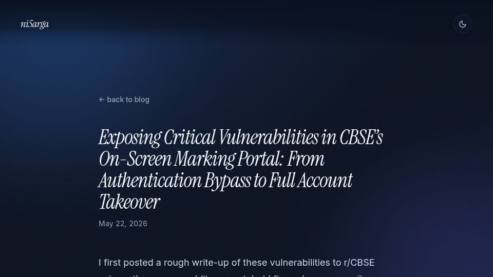 Screenshot of ni5arga.com: Exposing Critical Vulnerabilities in CBSE's On-Screen Marking Portal