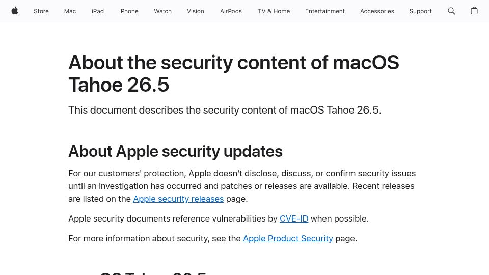 Screenshot of support.apple.com: CVE-2026-28952: Apple macOS 26.5 Kernel Vuln found by Claude