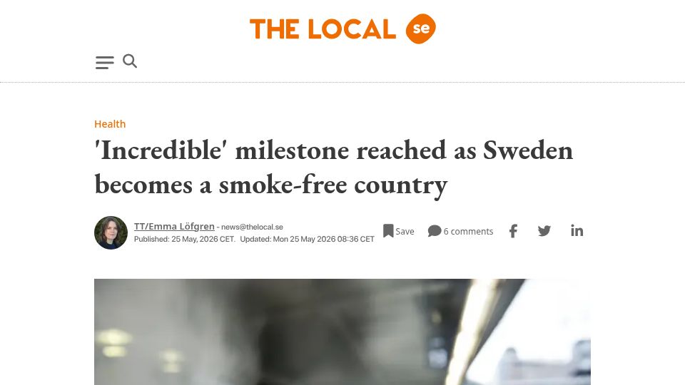 Screenshot of thelocal.se: 'Incredible' milestone reached as Sweden becomes a smoke-free country