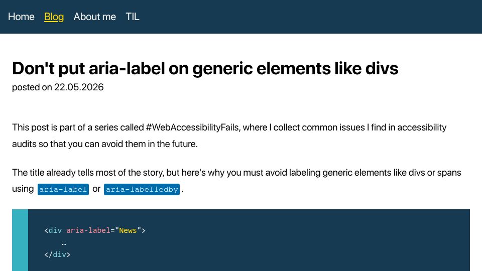 Screenshot of matuzo.at: Don't put aria-label on generic elements like divs