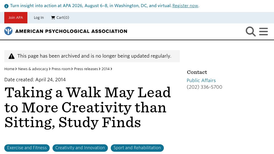 Screenshot of apa.org: Taking a walk may lead to more creativity than sitting, study finds (2014)