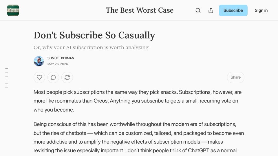 Screenshot of thebestworstcase.substack.com: Don't Subscribe So Casually