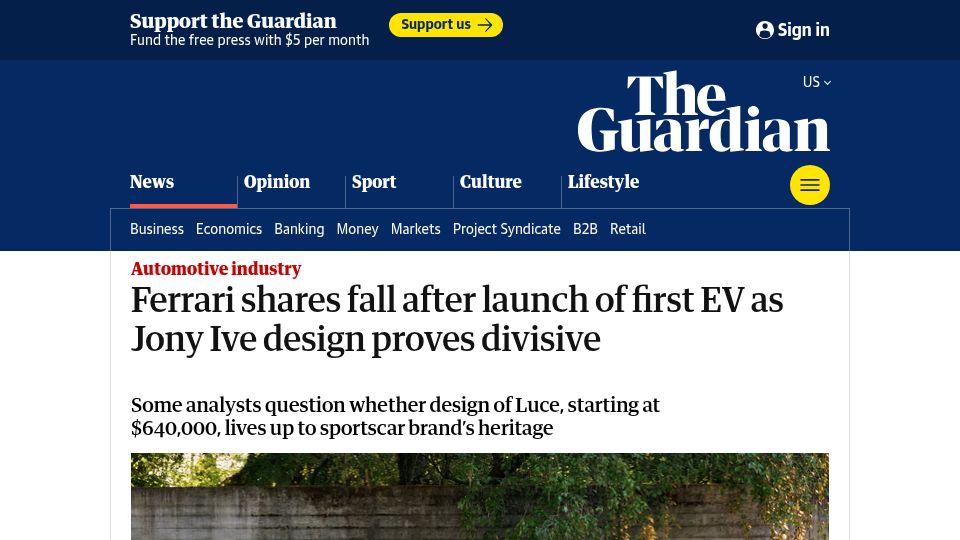 Screenshot of theguardian.com: Ferrari shares fall after launch of first EV as Jony Ive design proves divisive