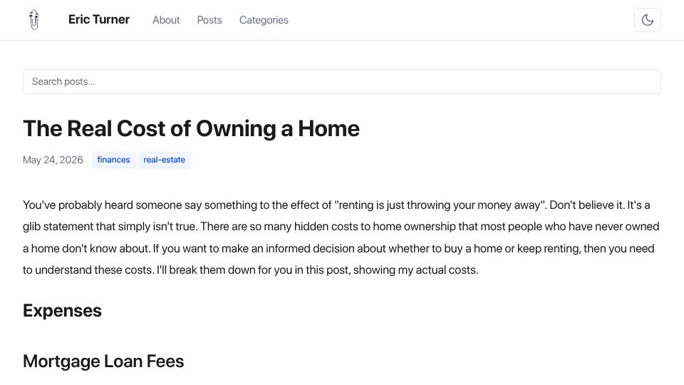 Screenshot of ericturner.dev: The real cost of owning a home